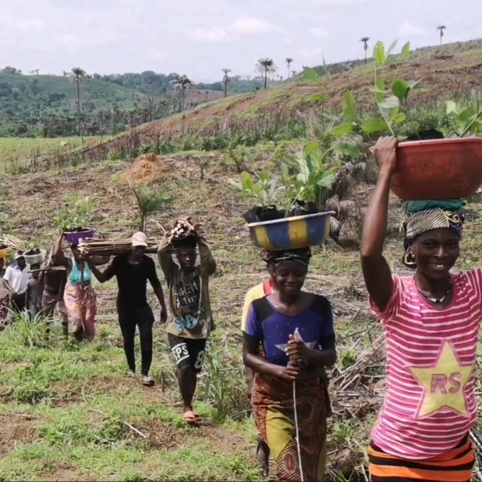 Afrikanische Frauen gehen in einer Reihe hintereinander und tragen Körbe auf dem Kopf