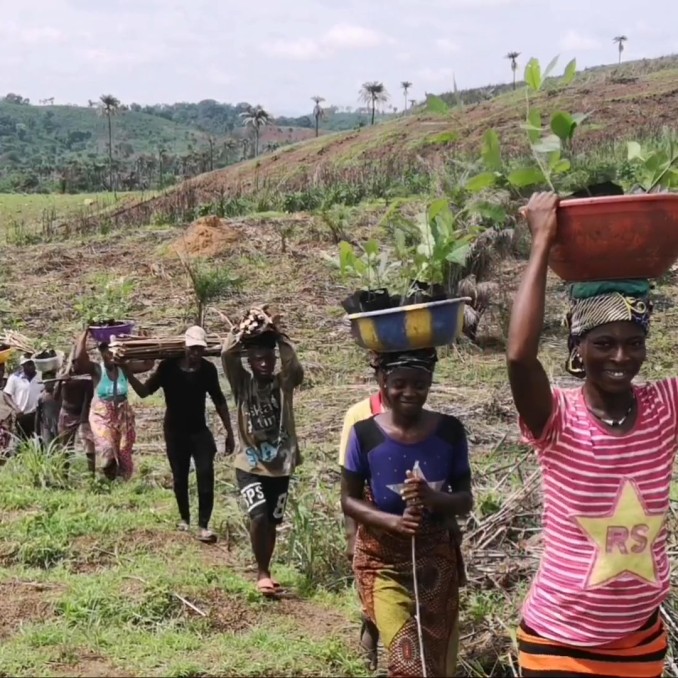 Afrikanische Frauen gehen in einer Reihe hintereinander und tragen Körbe auf dem Kopf