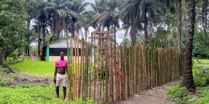 Ein afrikanischer Mann steht neben einem neu gebauten Holzzaun