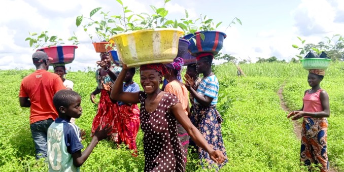 Afrikanische Frauen stehen in einem Feld und tragen Körbe auf ihrem Kopf