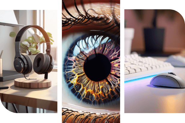 Collage aus drei Bildern von links nach rechts: Kopfhörer auf einem Ständer, Augeniris Nahaufnahme, Maus und Tastatur