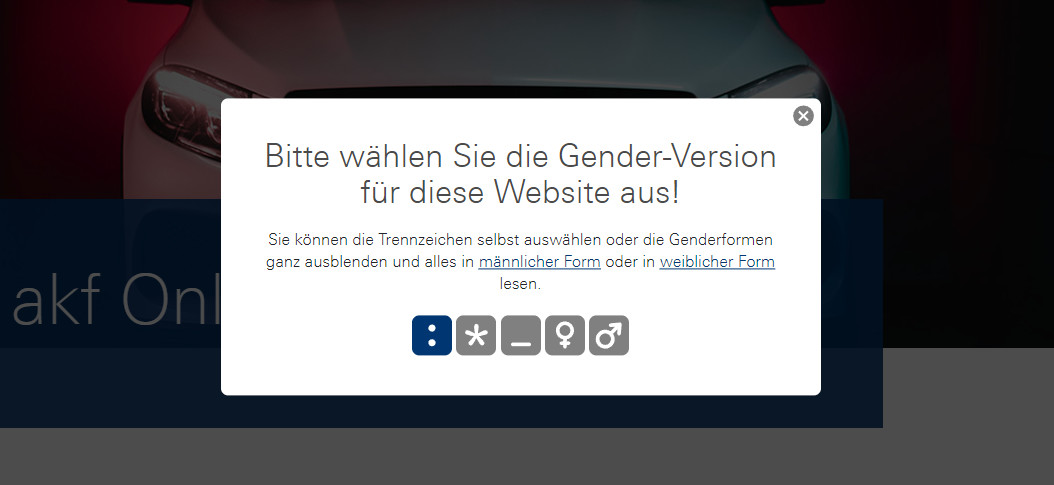 Screenshot vom Gender Selector bei AKF-Schadenmeldung
