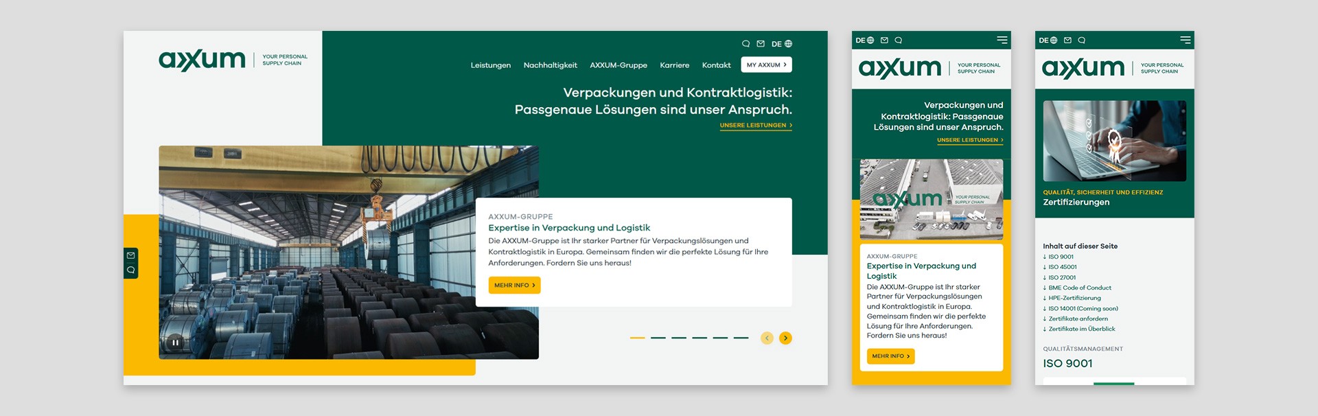 Drei Bildschirmansichten einer Website mit dem Logo axxum oben links, darunter ein Bild eines Laderaums mit vielen Kartons und Textblöcken zu Verpackung und Logistik