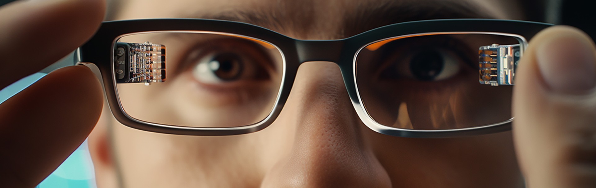 Nahaufnahme eines Mannes, der eine Brille hält und durch deren Gläser blickt. Auf beiden Gläsern sind kleine elektronische Schaltkreise montiert. Der Fokus liegt auf den Gläsern und den Schaltkreisen, während das Gesicht des Mannes im Hintergrund leicht unscharf ist. Die Szene deutet auf technologische Innovation oder Augmented Reality hin.