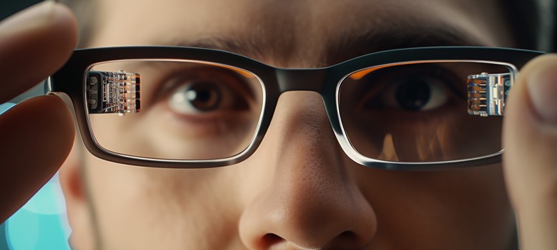 Nahaufnahme eines Mannes, der eine Brille hält und durch deren Gläser blickt. Auf beiden Gläsern sind kleine elektronische Schaltkreise montiert. Der Fokus liegt auf den Gläsern und den Schaltkreisen, während das Gesicht des Mannes im Hintergrund leicht unscharf ist. Die Szene deutet auf technologische Innovation oder Augmented Reality hin.