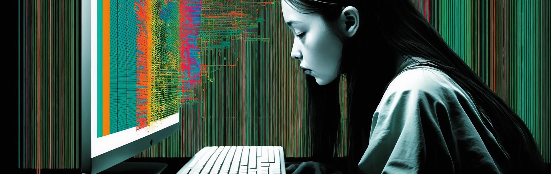 Eine Frau betrachtet aufmerksam den Bildschirm eines Computers, während sie sich auf die Inhalte konzentriert.