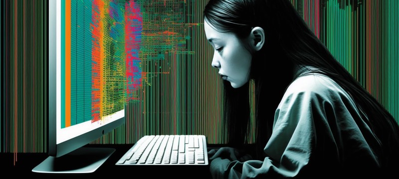 Eine Frau betrachtet aufmerksam den Bildschirm eines Computers, während sie sich auf die Inhalte konzentriert.