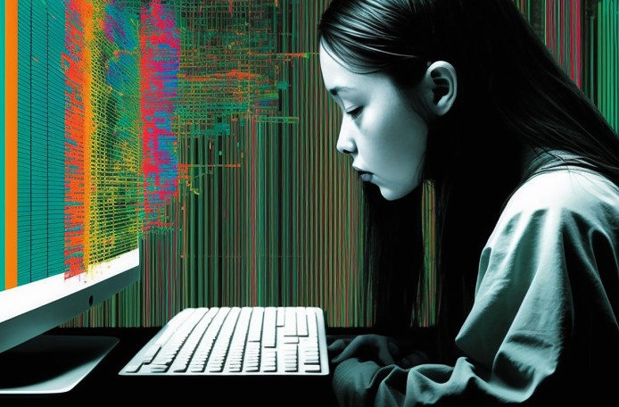 Eine Frau betrachtet aufmerksam den Bildschirm eines Computers, während sie sich auf die Inhalte konzentriert.