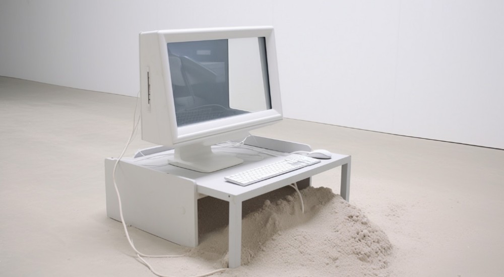 Ein Computerbildschirm steht im Sand, umgeben von einer natürlichen Umgebung, die einen Kontrast zur Technologie bildet.