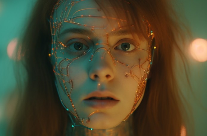 Porträtbild einer jungen Frau mit langen Haaren. Sie blickt direkt in die Kamera. In ihrem Gesicht befinden sich elektronische Leiterbahnen, die an einigen Stellen bunt leuchten. Der Hintergrund ist unscharf, dort befinden sich mehrere Lichtquellen.