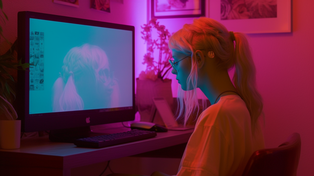Eine junge Frau mit hellen Haaren, die zu einem Pferdeschwanz gebunden sind, sitzt an einem Tisch vor einem großen Bildschirm. Die Wand dahinter wird indirekt mit violettem Licht beleuchtet.