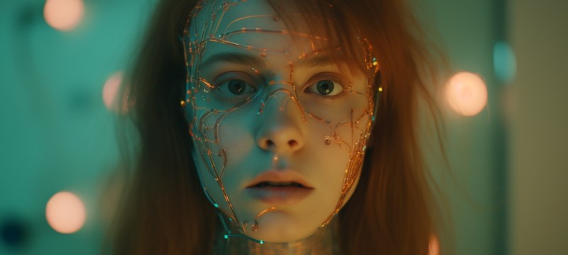 Porträtbild einer jungen Frau mit langen Haaren. Sie blickt direkt in die Kamera. In ihrem Gesicht befinden sich elektronische Leiterbahnen, die an einigen Stellen bunt leuchten. Der Hintergrund ist unscharf, dort befinden sich mehrere Lichtquellen.