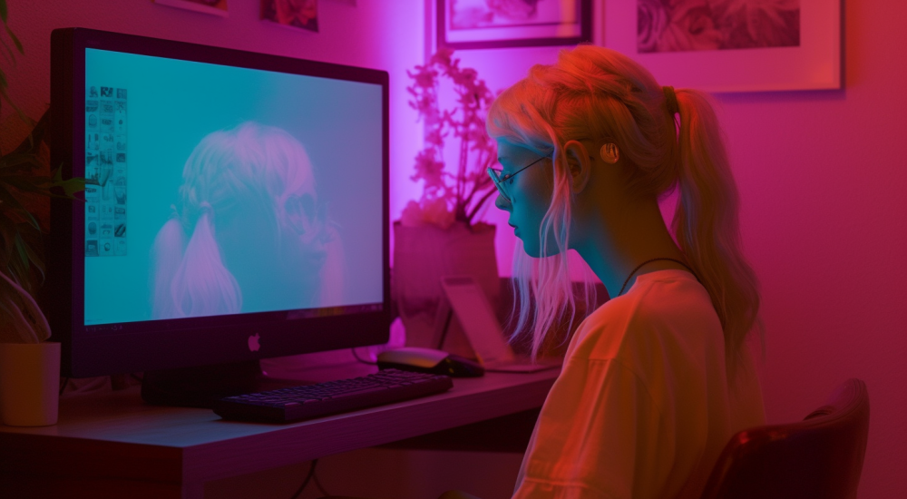 Eine junge Frau mit hellen Haaren, die zu einem Pferdeschwanz gebunden sind, sitzt an einem Tisch vor einem großen Bildschirm. Die Wand dahinter wird indirekt mit violettem Licht beleuchtet.