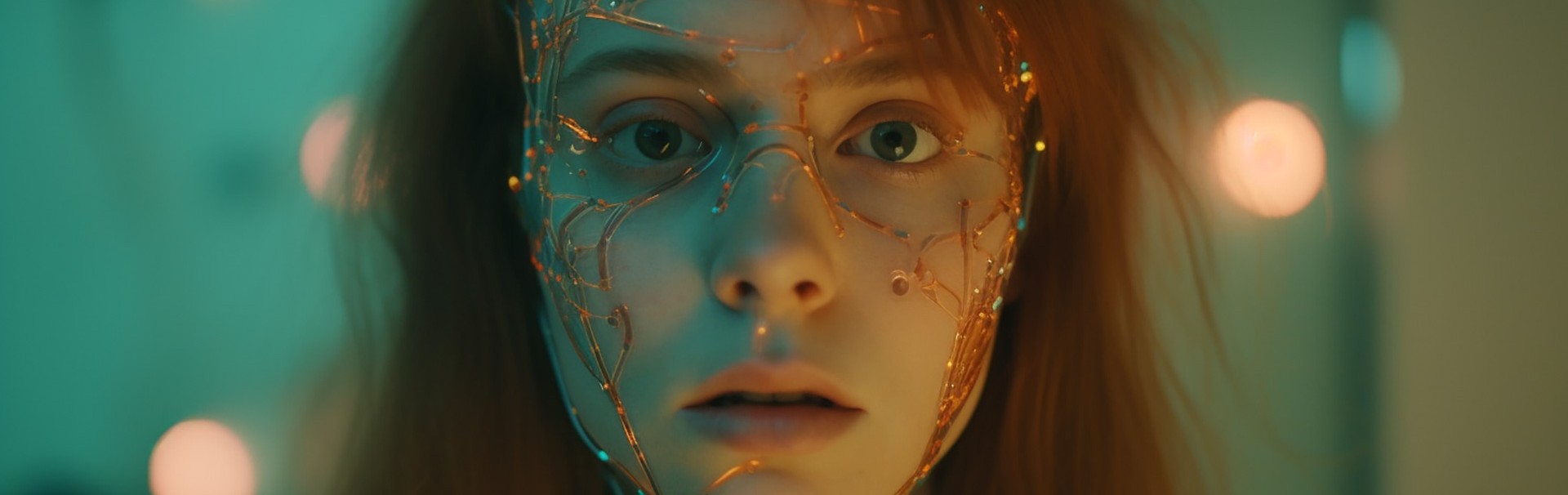 Porträtbild einer jungen Frau mit langen Haaren. Sie blickt direkt in die Kamera. In ihrem Gesicht befinden sich elektronische Leiterbahnen, die an einigen Stellen bunt leuchten. Der Hintergrund ist unscharf, dort befinden sich mehrere Lichtquellen.