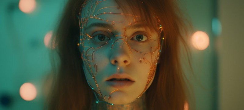 Porträtbild einer jungen Frau mit langen Haaren. Sie blickt direkt in die Kamera. In ihrem Gesicht befinden sich elektronische Leiterbahnen, die an einigen Stellen bunt leuchten. Der Hintergrund ist unscharf, dort befinden sich mehrere Lichtquellen.