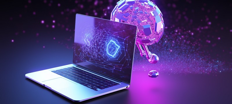 Ein aufgeklappter Laptop mit einer futuristischen Darstellung eine Gehirns dahinter, das künstliche Intelligenz verkörpern soll.