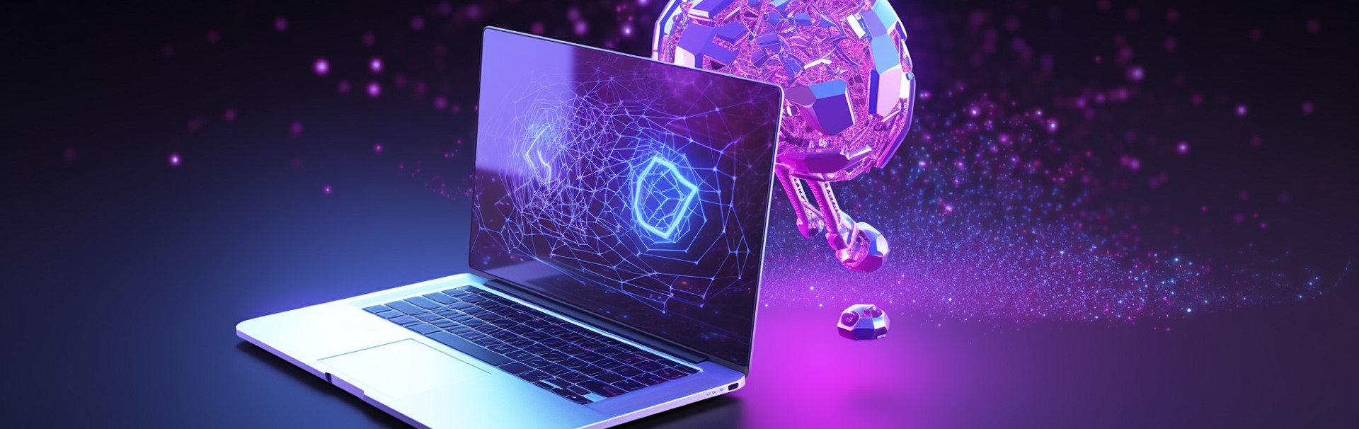 Ein aufgeklappter Laptop mit einer futuristischen Darstellung eine Gehirns dahinter, das künstliche Intelligenz verkörpern soll.