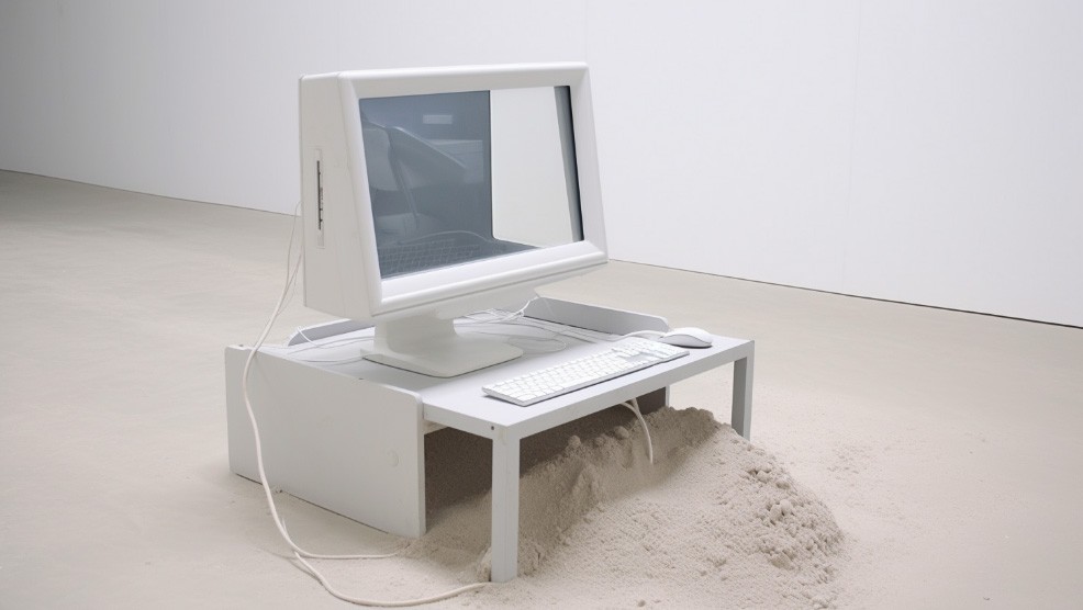 Ein Monitor steht auf einem kleinen Tisch im Sand