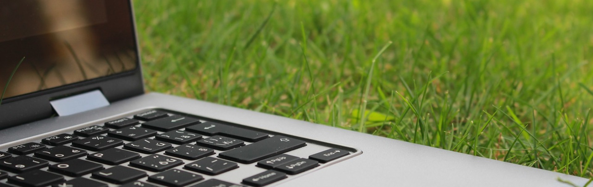Ein aufgeklappter Laptop liegt im Gras.