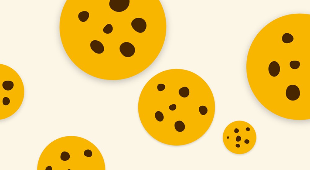 Die Grafik zeigt sechs stilisierte Kekse mit Schokoladenstücken.