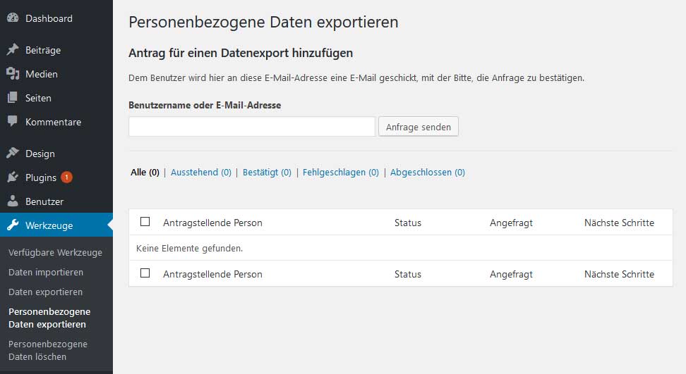 WordPress Datenschutzeinstellungen im Dashboard