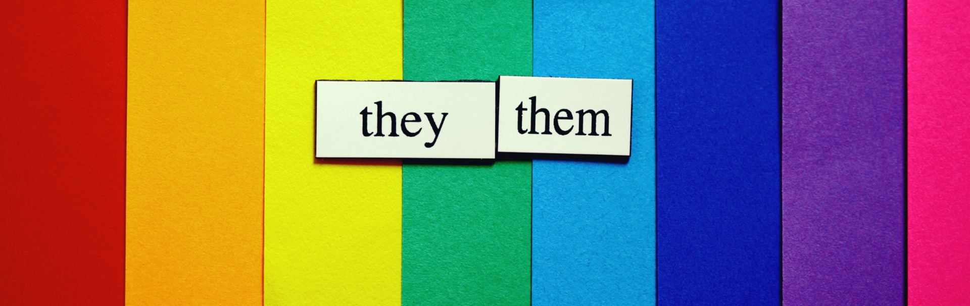 Vor den senkrecht angeordneten bunten Streifen der Regenbogenflagge sind zwei weiße Rechtecke zu sehen. Auf ihnen stehen in Druckschrift die Wörter they und them.