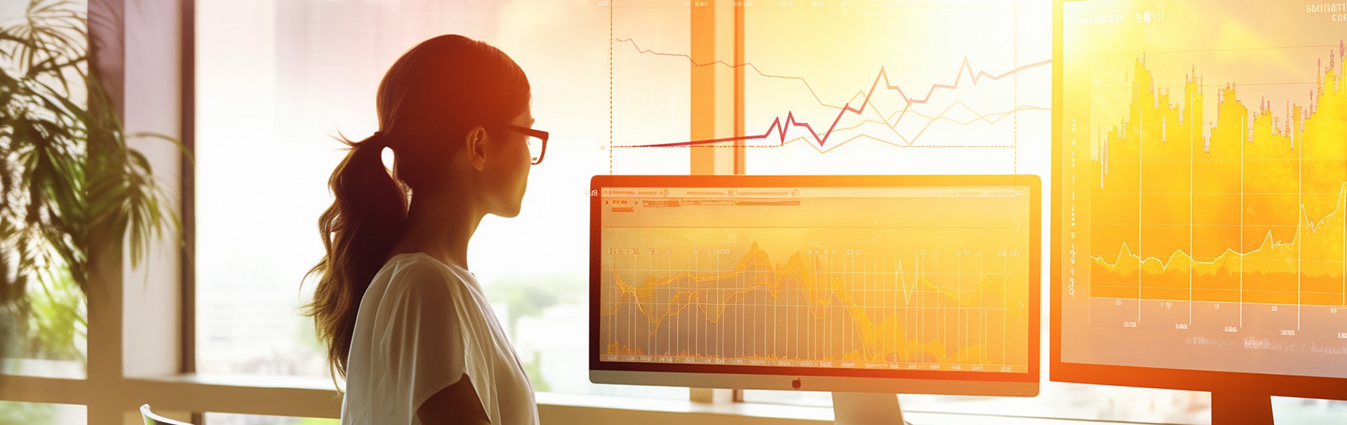 Frau sitzt vor zwei Bildschirmen auf denen Statistiken zu sehen sind