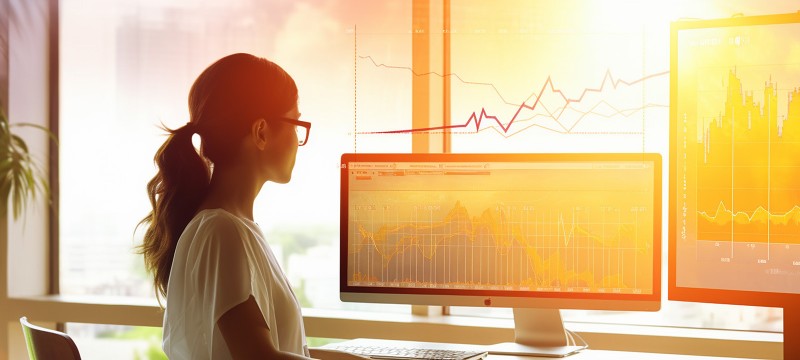 Frau sitzt vor zwei Bildschirmen auf denen Statistiken zu sehen sind