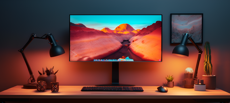 Ein moderner, minimalistisch eingerichteter Schreibtisch mit einem grossen Monitor in der Mitte, der eine Wüstenlandschaft zeigt. Links und rechts vom Monitor stehen schwarze Schreibtischlampen, die warmes Licht spenden. Auf dem Schreibtisch befinden sich eine Tastatur, eine Maus, einige dekorative Pflanzen und kleine Kunstwerke. Der Hintergrund ist in dunklen Blau- und Orangetönen gehalten, was eine gemütliche und konzentrierte Arbeitsatmosphäre schafft.