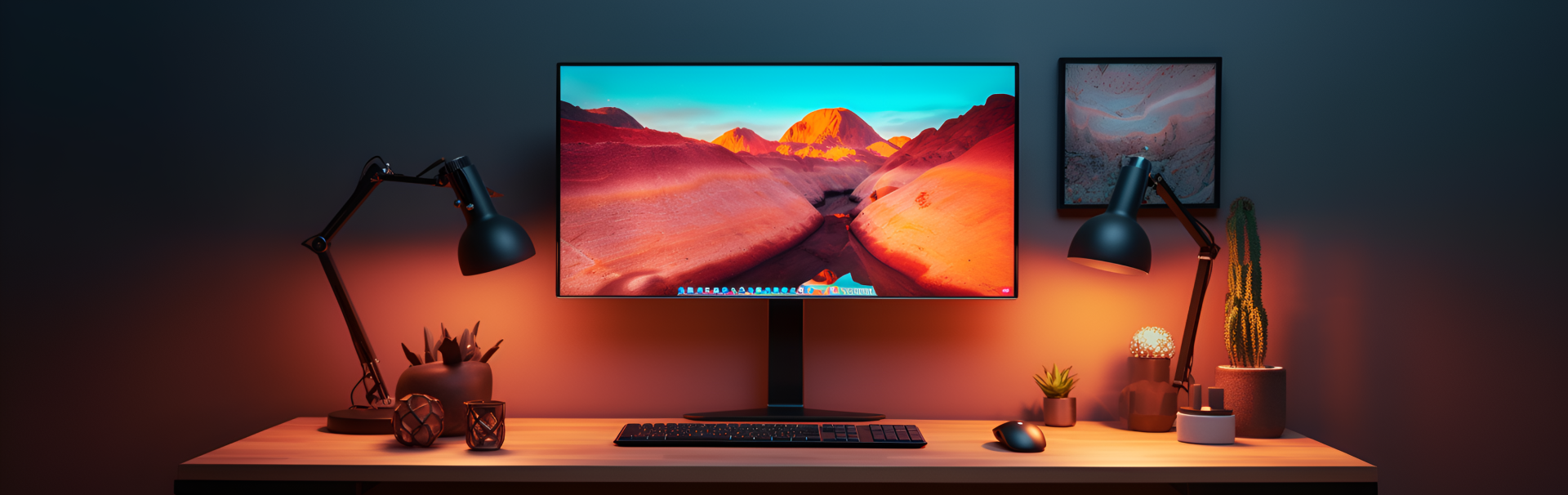 Ein moderner, minimalistisch eingerichteter Schreibtisch mit einem grossen Monitor in der Mitte, der eine Wüstenlandschaft zeigt. Links und rechts vom Monitor stehen schwarze Schreibtischlampen, die warmes Licht spenden. Auf dem Schreibtisch befinden sich eine Tastatur, eine Maus, einige dekorative Pflanzen und kleine Kunstwerke. Der Hintergrund ist in dunklen Blau- und Orangetönen gehalten, was eine gemütliche und konzentrierte Arbeitsatmosphäre schafft.