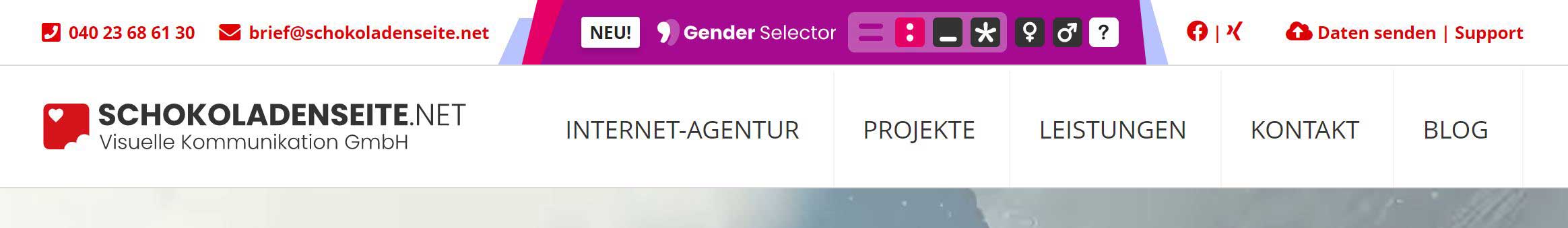 Screenshot von Gender Selector auf Webseite, für gendergerechtes Ansprechen von Nutzer auf Ihrer Webseite