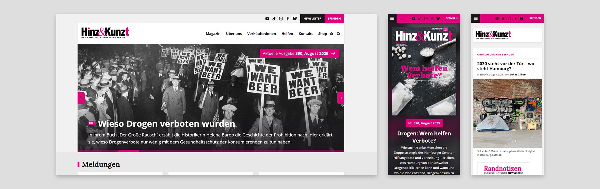 Drei Screenshots der Website von Hinz&Kunzt zeigen die Desktop- und mobile Ansicht mit schwarz-weißem Headerbild von Demonstranten mit Schildern WE WANT BEER und pink-schwarzem Logo.