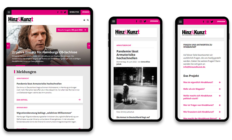 Auf links einem Tablet und rechts daneben zwei Mobiltelefonen werden unterschiedliche Seiten der Hinz&Kunzt-Website angezeigt.