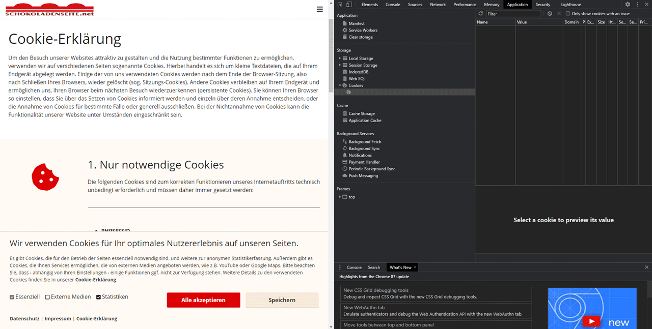Screenshot: links die Cookie-Erklärung und das Cookie-Banner, rechts die Konsole, die keine aktiven Cookies anzeigt.