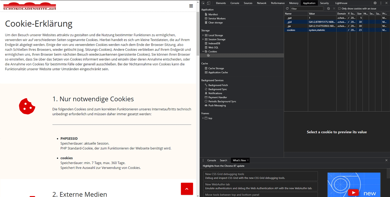 Screenshot: links die Cookie-Erklärung, rechts in der Konsole werden die gesetzten Cookies angezeigt.