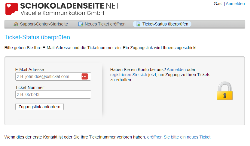 Screenshot von der Anmeldung zum SCHOKOLADENSEITE.net Kundensupport