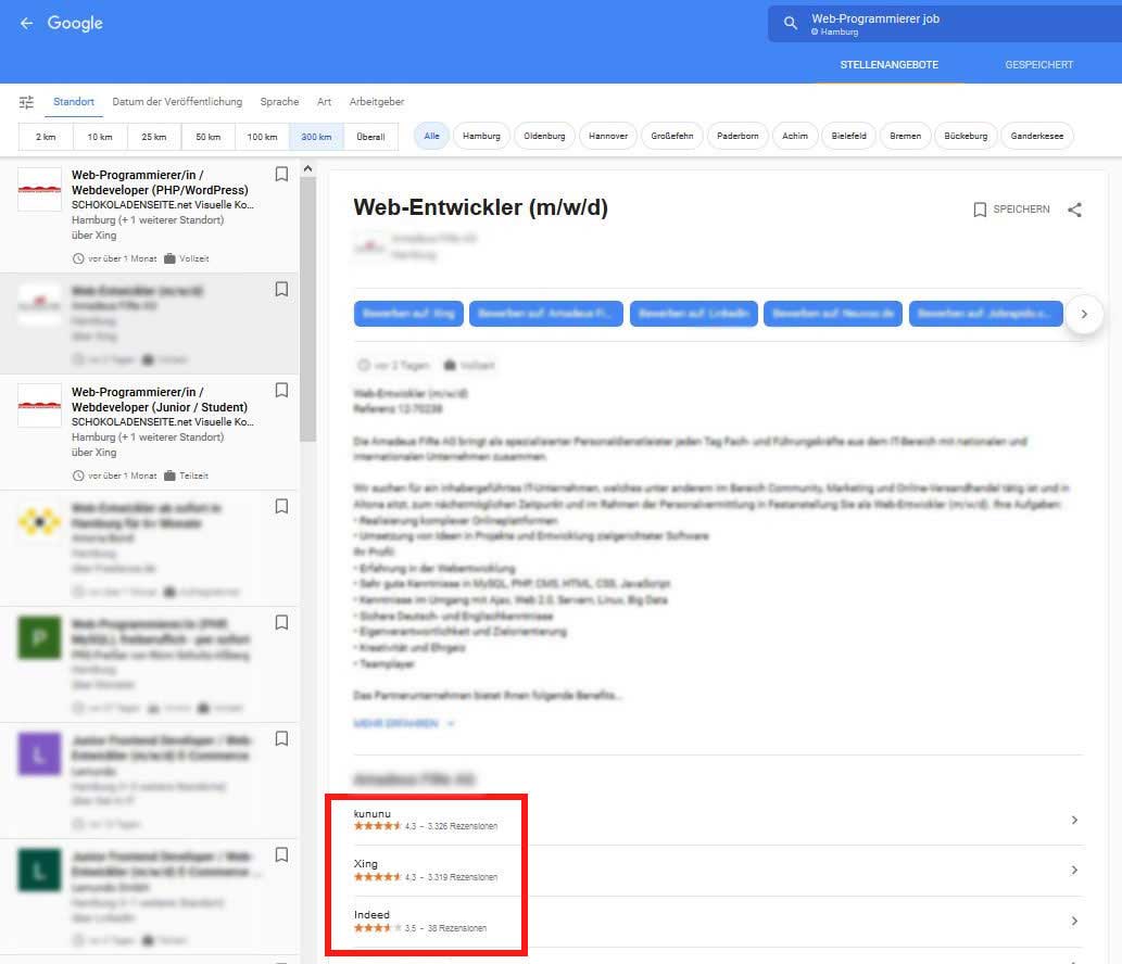 Anzeige des Suchergebnisses mit Google Jobs - Ergebnis an erster Position.