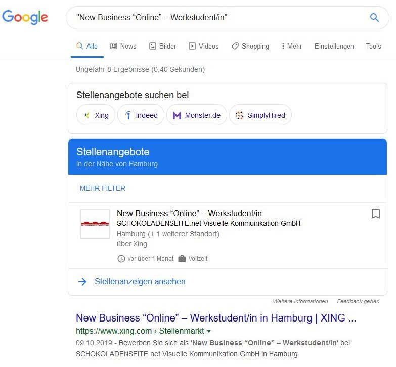 unter dem Beschreibungstext werden die Unternehmens-Bewertungen automatisch angezeigt