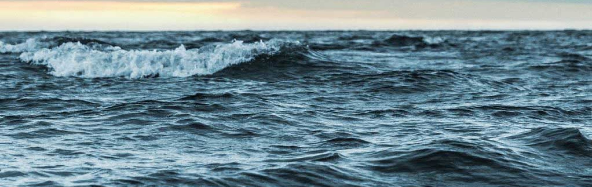 Unter einem grauen Himmel sieht man eine bewegte Meeresoberfläche, einzelne Wellen brechen.