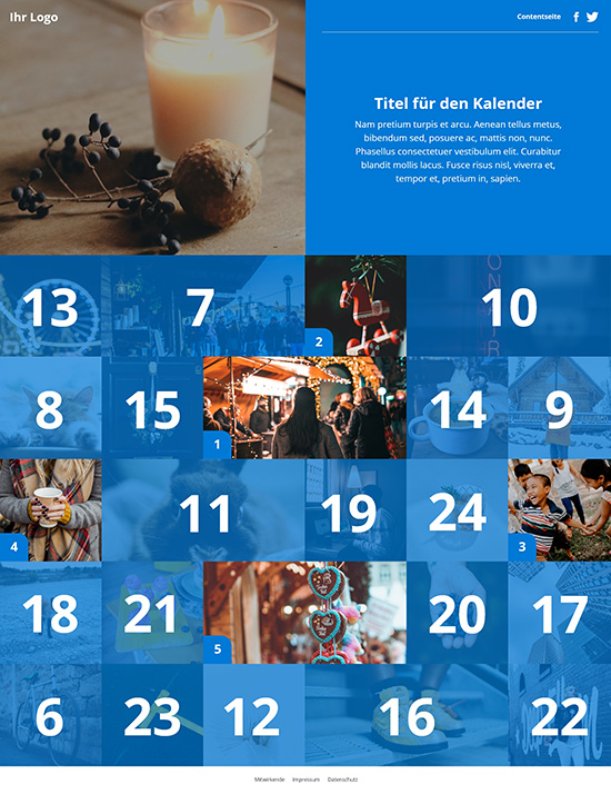 chocfair cal - Digitaler Adventskalender - Beispiel Design Screenshot Blau