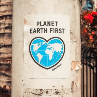 Eine herzförmige Weltkarte auf einem Blatt Papier, das an einem Baum hängt.