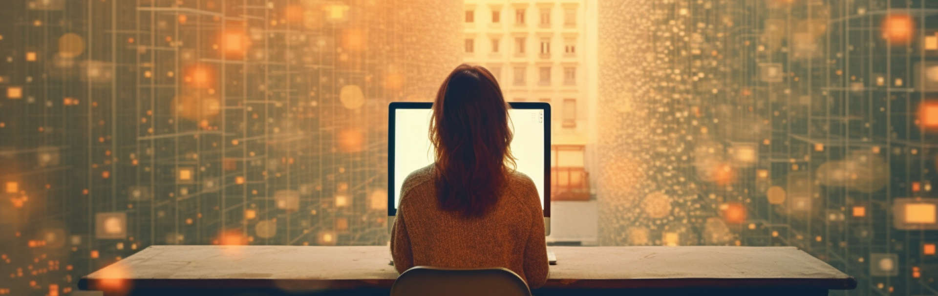 Eine Frau sitzt an einem Tisch und blickt auf den Monitor ihres Computers.