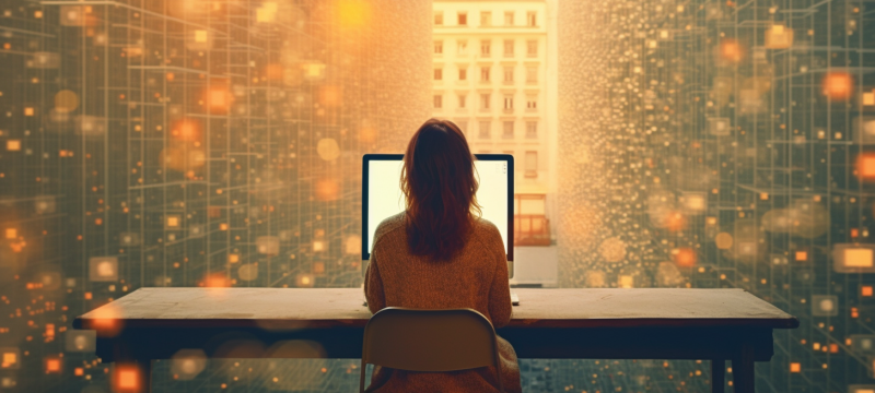Eine Frau sitzt an einem Tisch und blickt auf den Monitor ihres Computers.