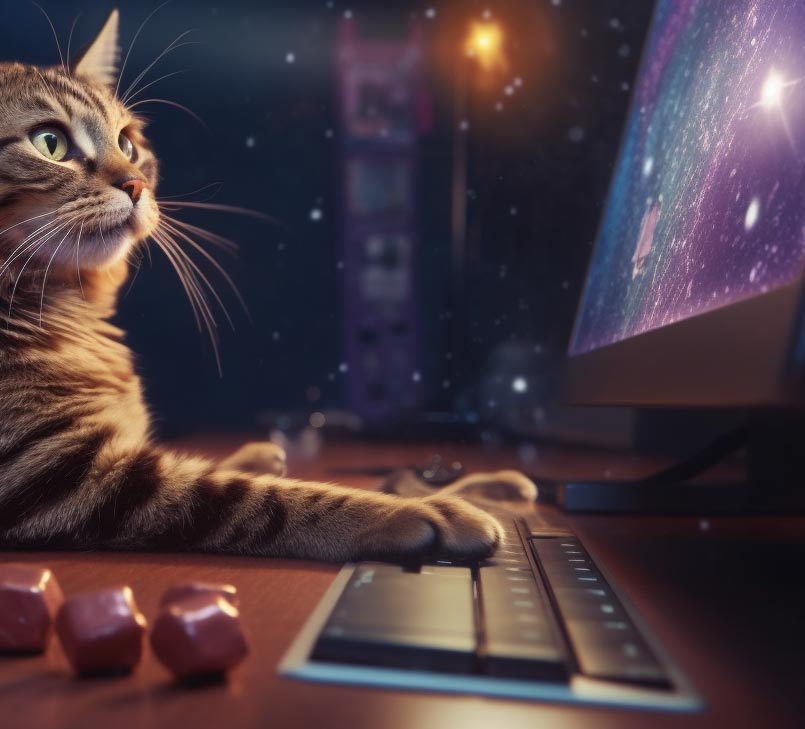 Eine Katze ist am Schreibtisch und beschäftigt sich mit einem Computerspiel, während sie aufmerksam auf den Bildschirm schaut.