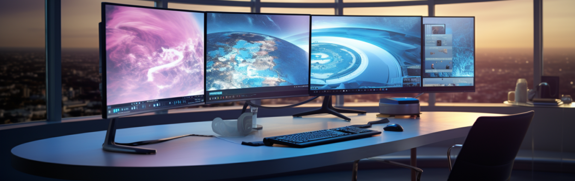Ein moderner Computerarbeitsplatz mit drei Bildschirmen und einer Tastatur, perfekt für effizientes Arbeiten.