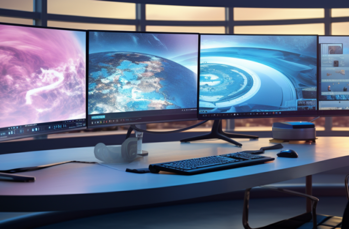 Ein moderner Computerarbeitsplatz mit drei Bildschirmen und einer Tastatur, perfekt für effizientes Arbeiten.