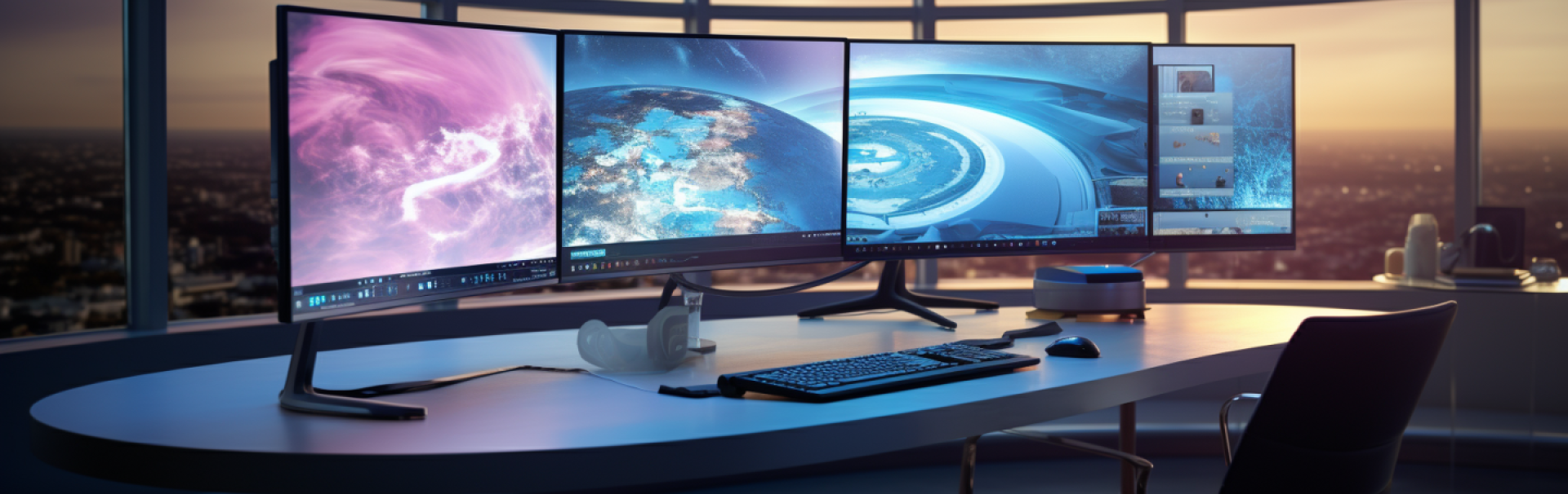 Ein moderner Computerarbeitsplatz mit drei Bildschirmen und einer Tastatur, perfekt für effizientes Arbeiten.