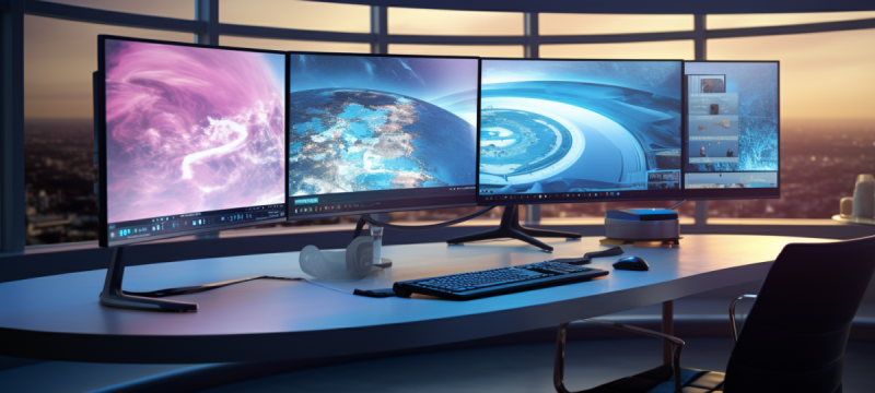Ein moderner Computerarbeitsplatz mit drei Bildschirmen und einer Tastatur, perfekt für effizientes Arbeiten.