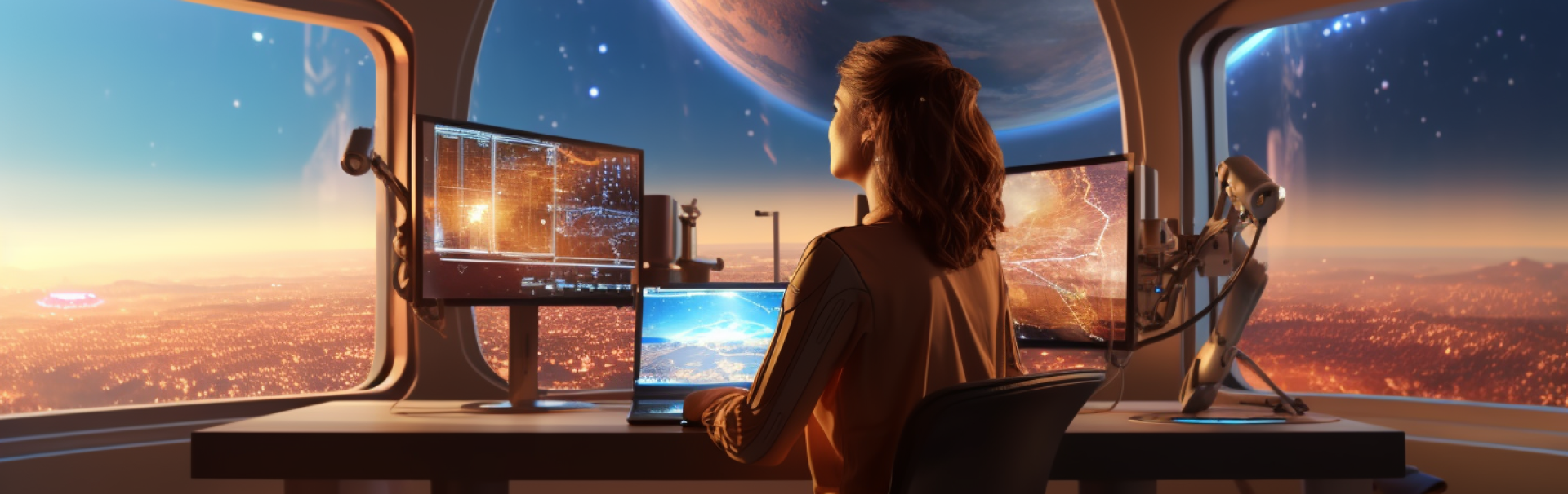 Eine Frau sitzt an einem Schreibtisch mit zwei Monitoren und einem Computer, konzentriert bei der Arbeit.