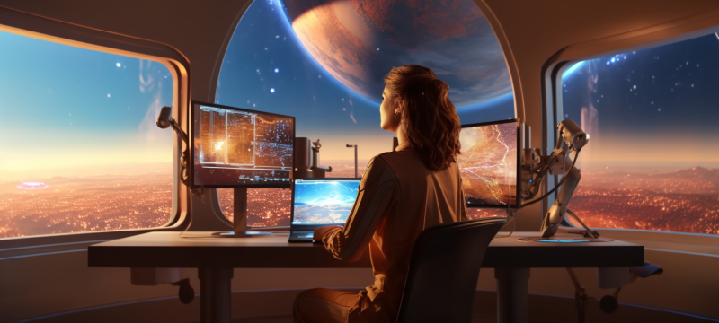 Eine Frau sitzt an einem Schreibtisch mit zwei Monitoren und einem Computer, konzentriert bei der Arbeit.